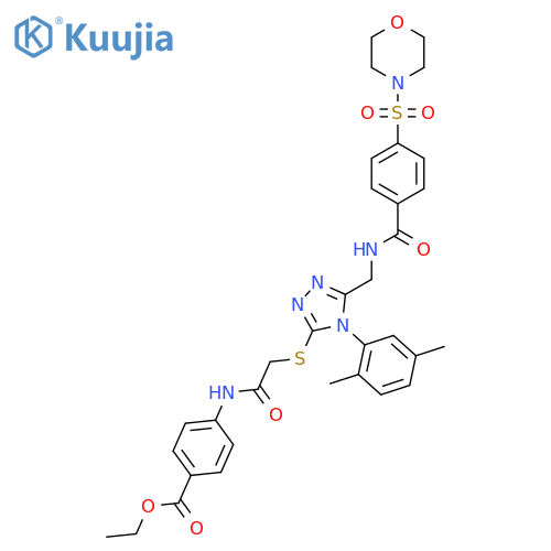 ethyl 4-(2-{4-(2,5-dimethylphenyl)-5-({4-(morpholine-4-sulfonyl)phenylformamido}methyl)-4H-1,2,4-triazol-3-ylsulfanyl}acetamido)benzoate structure
