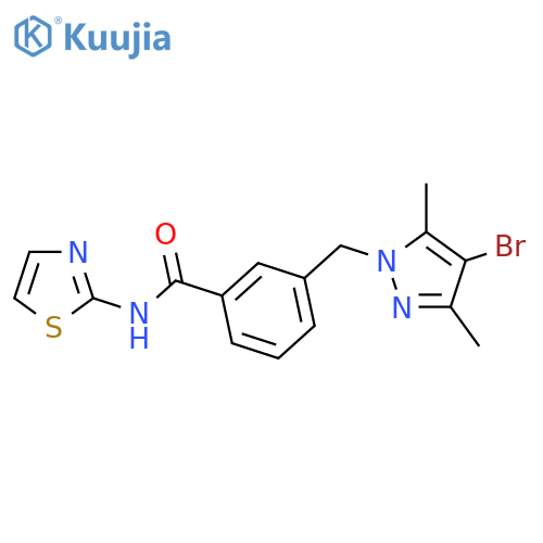 <br>3-[(4-bromo-3,5-dimethyl-1H-pyrazol-1-yl)methyl]-N-(1,3-thiazol-2-yl)benzam ide structure
