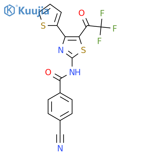 4-cyano-N-4-(thiophen-2-yl)-5-(2,2,2-trifluoroacetyl)-1,3-thiazol-2-ylbenzamide structure