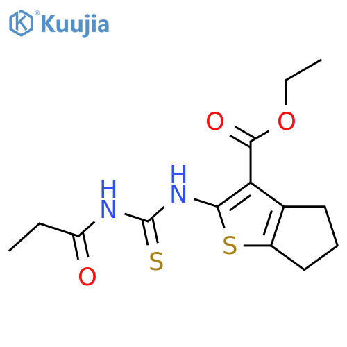 <br>2-(3-Propionyl-thioureido)-5,6-dihydro-4H-cyclopenta[b]thiophene-3-carboxyl ic acid ethyl ester structure