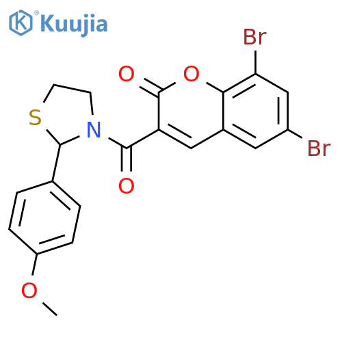 6,8-dibromo-3-[2-(4-methoxyphenyl)-1,3-thiazolidine-3-carbonyl]-2H-chromen-2-one structure