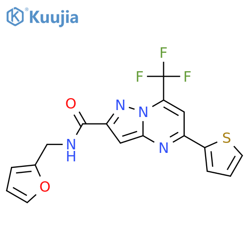 <br>N-(2-furylmethyl)-5-(2-thienyl)-7-(trifluoromethyl)pyrazolo[1,5-a]pyrimidin e-2-carboxamide structure