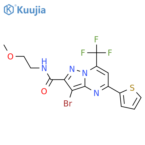 <br>3-bromo-N-(2-methoxyethyl)-5-(2-thienyl)-7-(trifluoromethyl)pyrazolo[1,5-a] pyrimidine-2-carboxamide structure