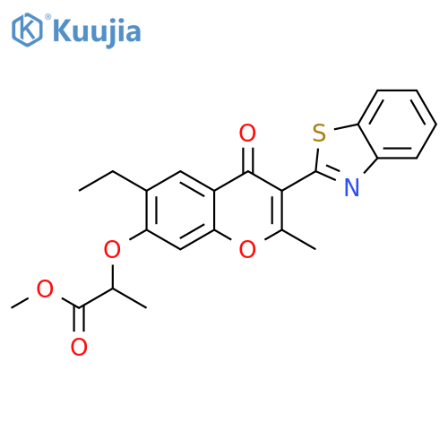 methyl 2-{3-(1,3-benzothiazol-2-yl)-6-ethyl-2-methyl-4-oxo-4H-chromen-7-yloxy}propanoate structure