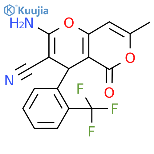 2-amino-7-methyl-5-oxo-4-[2-(trifluoromethyl)phenyl]-4H,5H-pyrano[3,2-c]pyran-3-carbonitrile structure