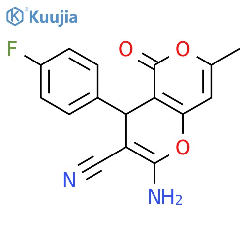 <br>2-amino-4-(4-fluorophenyl)-7-methyl-5-oxo-4,5-dihydropyrano[4,3-b]pyran-3-c arbonitrile structure