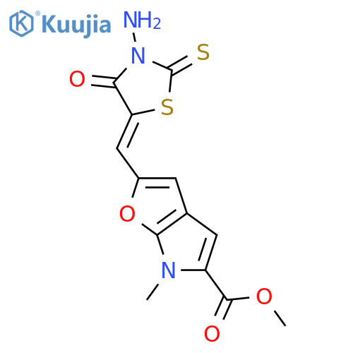 6H-Furo[2,3-b]pyrrole-5-carboxylicacid, 2-[(3-amino-4-oxo-2-thioxo-5-thiazolidinylidene)methyl]-6-methyl-, methylester structure