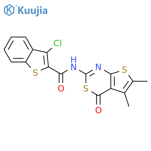 3-chloro-N-{5,6-dimethyl-4-oxo-4H-thieno2,3-d1,3thiazin-2-yl}-1-benzothiophene-2-carboxamide structure