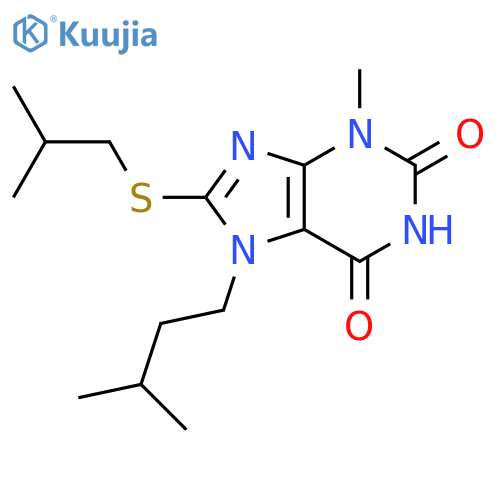 3-methyl-7-(3-methylbutyl)-8-(2-methylpropyl)sulfanyl-2,3,6,7-tetrahydro-1H-purine-2,6-dione structure