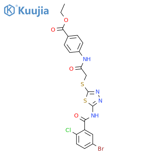 ethyl 4-(2-{5-(5-bromo-2-chlorobenzamido)-1,3,4-thiadiazol-2-ylsulfanyl}acetamido)benzoate structure