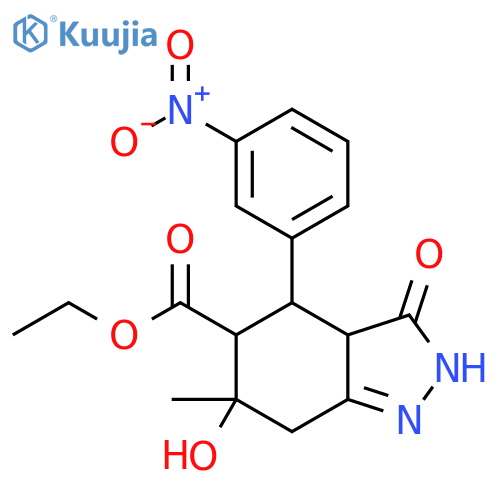 2H-Indazole-5-carboxylic acid, 3,3a,4,5,6,7-hexahydro-6-hydroxy-6-methyl-4-(3-nitrophenyl)-3-oxo-, ethyl ester structure