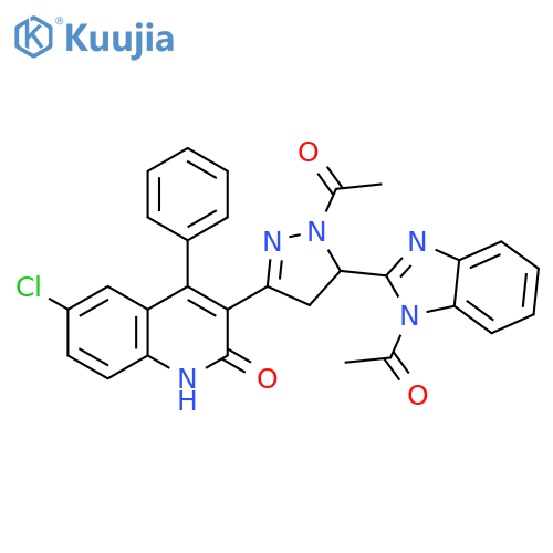 3-1-acetyl-5-(1-acetyl-1H-1,3-benzodiazol-2-yl)-4,5-dihydro-1H-pyrazol-3-yl-6-chloro-4-phenyl-1,2-dihydroquinolin-2-one structure
