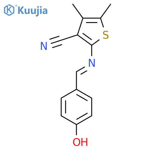 2-(E)-(4-hydroxyphenyl)methylideneamino-4,5-dimethylthiophene-3-carbonitrile structure