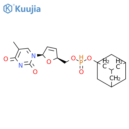 adamantan-1-yl (((2S,5R)-5-(5-methyl-2,4-dioxo-3,4-dihydropyrimidin-1(2H)-yl)-2,5-dihydrofuran-2-yl)methyl) phosphonate structure