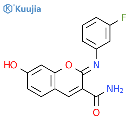 2H-1-Benzopyran-3-carboxamide, 2-[(3-fluorophenyl)imino]-7-hydroxy- structure