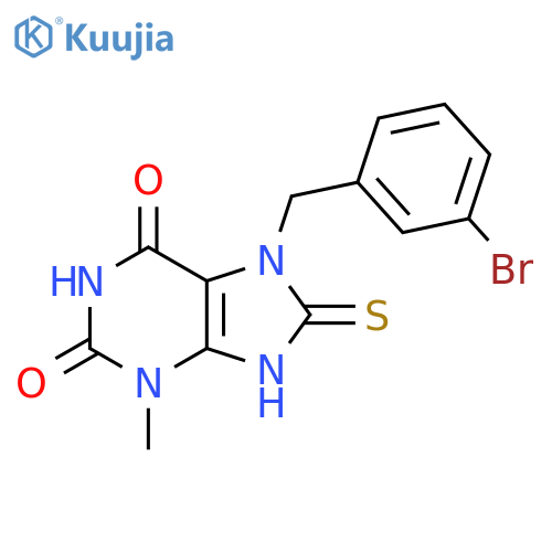 7-(3-bromophenyl)methyl-3-methyl-8-sulfanyl-2,3,6,7-tetrahydro-1H-purine-2,6-dione structure