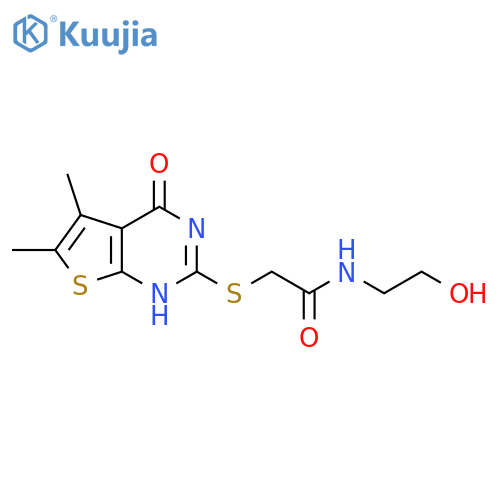 2-({5,6-dimethyl-4-oxo-3H,4H-thieno2,3-dpyrimidin-2-yl}sulfanyl)-N-(2-hydroxyethyl)acetamide structure