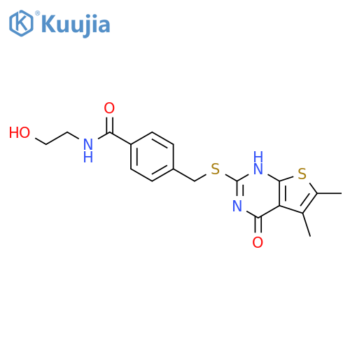 4-({5,6-dimethyl-4-oxo-3H,4H-thieno2,3-dpyrimidin-2-yl}sulfanyl)methyl-N-(2-hydroxyethyl)benzamide structure