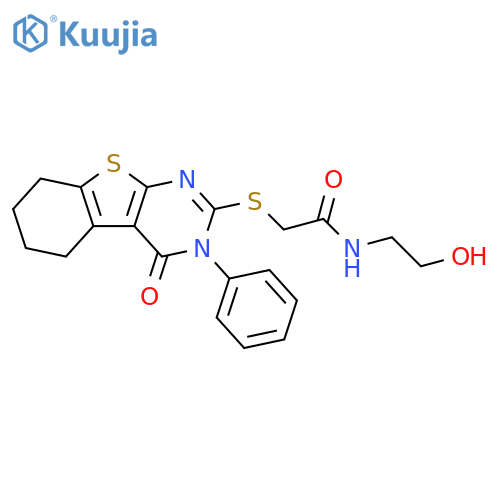 N-(2-hydroxyethyl)-2-({3-oxo-4-phenyl-8-thia-4,6-diazatricyclo7.4.0.0^{2,7}trideca-1(9),2(7),5-trien-5-yl}sulfanyl)acetamide structure