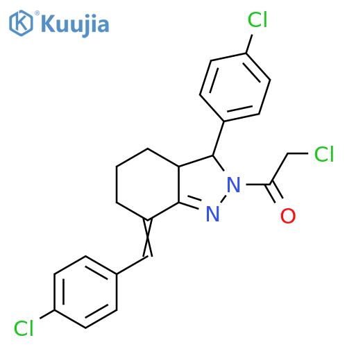 2-chloro-1-3-(4-chlorophenyl)-7-(4-chlorophenyl)methylidene-3,3a,4,5,6,7-hexahydro-2H-indazol-2-ylethan-1-one structure