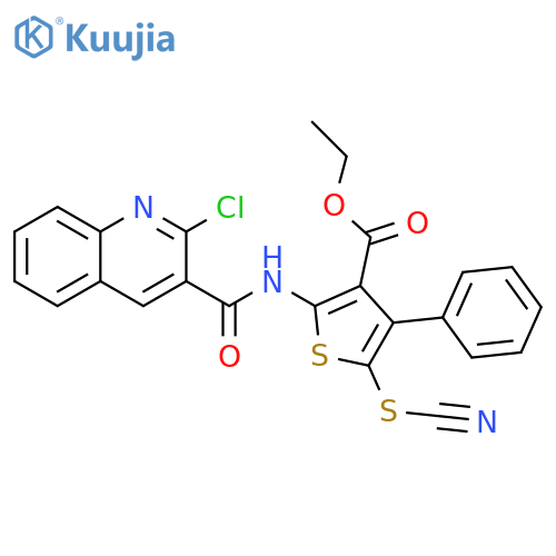 Ethyl 2-[[(2-chloro-3-quinolinyl)carbonyl]amino]-4-phenyl-5-thiocyanato-3-thiophenecarboxylate structure