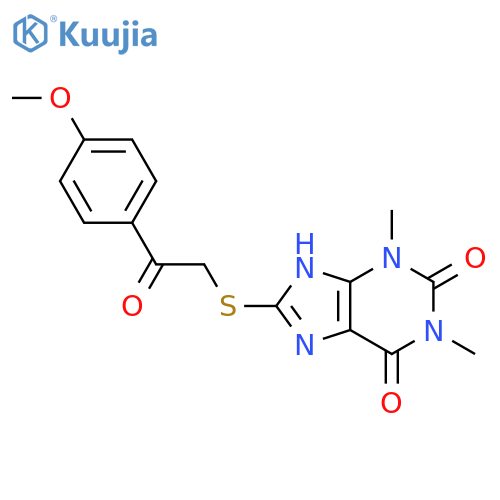 1H-Purine-2,6-dione, 3,9-dihydro-8-[[2-(4-methoxyphenyl)-2-oxoethyl]thio]-1,3-dimethyl- structure