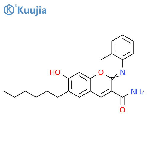 (2Z)-6-hexyl-7-hydroxy-2-[(2-methylphenyl)imino]-2H-chromene-3-carboxamide structure