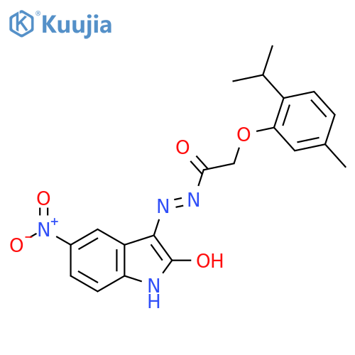 2-5-methyl-2-(propan-2-yl)phenoxy-N'-(3E)-5-nitro-2-oxo-2,3-dihydro-1H-indol-3-ylideneacetohydrazide structure