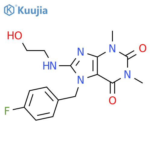 7-(4-fluorophenyl)methyl-8-(2-hydroxyethyl)amino-1,3-dimethyl-2,3,6,7-tetrahydro-1H-purine-2,6-dione structure
