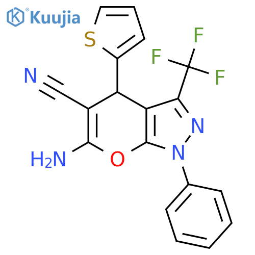 6-Amino-1-phenyl-4-(thiophen-2-yl)-3-(trifluoromethyl)-1H,4H-pyrano[2,3-c]pyrazole-5-carbonitrile structure