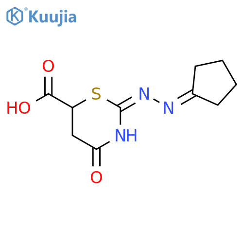 2-(2-cyclopentylidenehydrazin-1-yl)-4-oxo-5,6-dihydro-4H-1,3-thiazine-6-carboxylic acid structure
