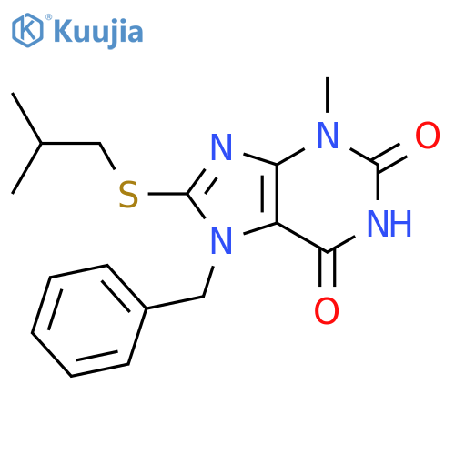 7-benzyl-3-methyl-8-(2-methylpropyl)sulfanyl-2,3,6,7-tetrahydro-1H-purine-2,6-dione structure