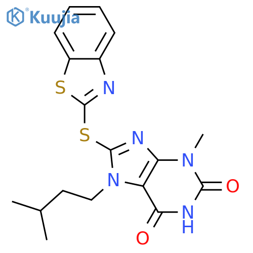 8-(1,3-benzothiazol-2-ylsulfanyl)-3-methyl-7-(3-methylbutyl)-2,3,6,7-tetrahydro-1H-purine-2,6-dione structure