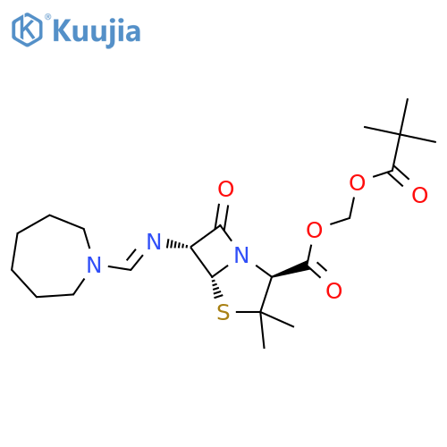 4-Thia-1-azabicyclo[3.2.0]heptane-2-carboxylicacid, 6-[[(hexahydro-1H-azepin-1-yl)methylene]amino]-3,3-dimethyl-7-oxo-,(2,2-dimethyl-1-oxopropoxy)methyl ester, (2S,5R,6R)- structure