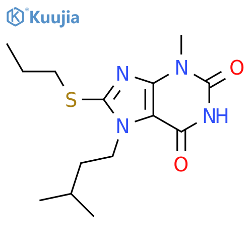 3-methyl-7-(3-methylbutyl)-8-(propylsulfanyl)-2,3,6,7-tetrahydro-1H-purine-2,6-dione structure