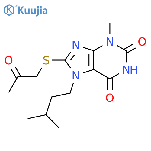 3-methyl-7-(3-methylbutyl)-8-(2-oxopropyl)sulfanyl-2,3,6,7-tetrahydro-1H-purine-2,6-dione structure