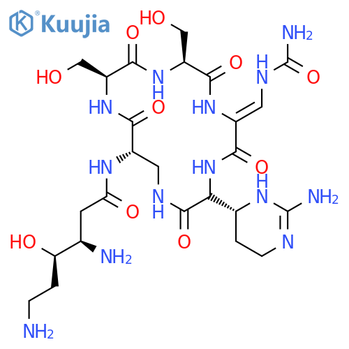 Cyclo[(2Z)-3-[(aminocarbonyl)amino]-2,3-didehydroalanyl-(2S)-2-[(4R)-2-amino-3,4,5,6-tetrahydro-4-pyrimidinyl]glycyl-(2S)-2-[[(3R,4R)-3,6-diamino-4-hydroxy-1-oxohexyl]amino]-b-alanyl-L-seryl-L-seryl] structure