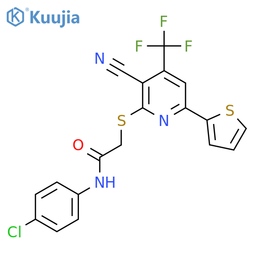 <br>N-(4-Chlorophenyl)-2-((3-cyano-6-(thiophen-2-yl)-4-(trifluoromethyl)pyridin -2-yl)thio)acetamide structure