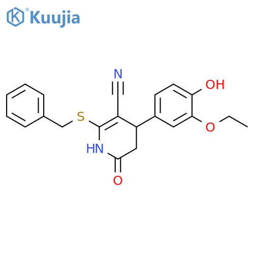 2-(benzylsulfanyl)-4-(3-ethoxy-4-hydroxyphenyl)-6-oxo-1,4,5,6-tetrahydropyridine-3-carbonitrile structure