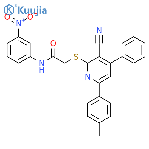 <br>2-(3-Cyano-4-phenyl-6-p-tolyl-pyridin-2-ylsulfanyl)-N-(3-nitro-phenyl)-acet amide structure