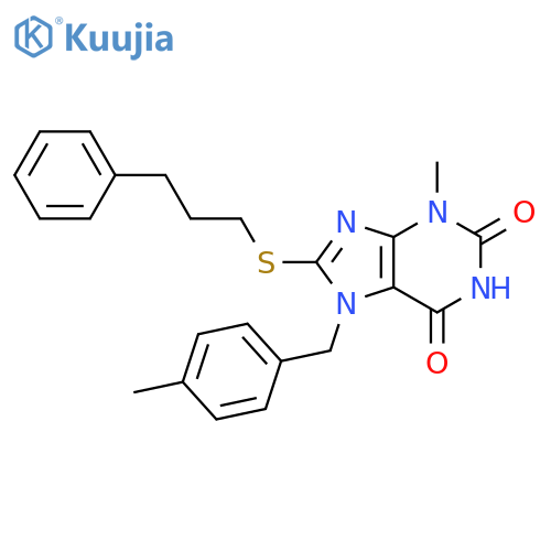 3-methyl-7-(4-methylphenyl)methyl-8-(3-phenylpropyl)sulfanyl-2,3,6,7-tetrahydro-1H-purine-2,6-dione structure