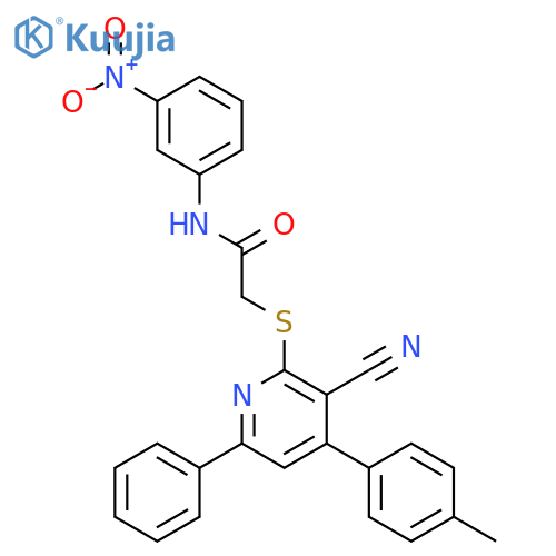 <br>2-(3-Cyano-6-phenyl-4-p-tolyl-pyridin-2-ylsulfanyl)-N-(3-nitro-phenyl)-acet amide structure