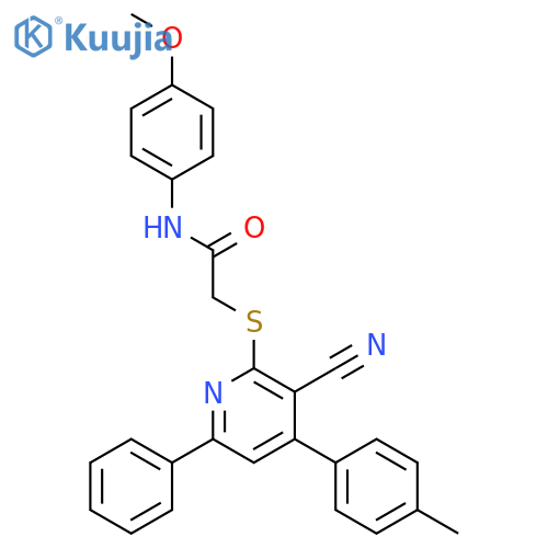 <br>2-(3-Cyano-6-phenyl-4-p-tolyl-pyridin-2-ylsulfanyl)-N-(4-methoxy-phenyl)-ac etamide structure