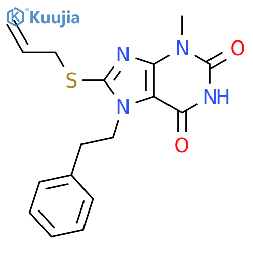 3-methyl-7-(2-phenylethyl)-8-(prop-2-en-1-ylsulfanyl)-2,3,6,7-tetrahydro-1H-purine-2,6-dione structure