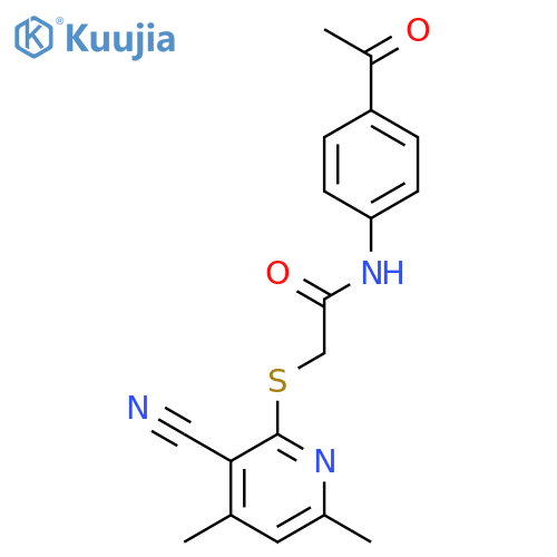 N-(4-acetylphenyl)-2-(3-cyano-4,6-dimethylpyridin-2-yl)sulfanylacetamide structure