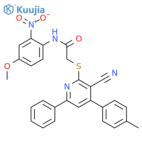 <br>2-(3-Cyano-6-phenyl-4-p-tolyl-pyridin-2-ylsulfanyl)-N-(4-methoxy-2-nitro-ph enyl)-acetamide structure