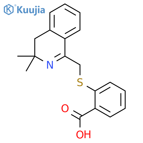2-(((3,3-dimethyl-3,4-dihydroisoquinolin-1-yl)methyl)thio)benzoic acid structure