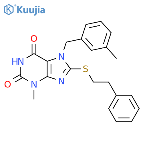 3-methyl-7-(3-methylphenyl)methyl-8-(2-phenylethyl)sulfanyl-2,3,6,7-tetrahydro-1H-purine-2,6-dione structure