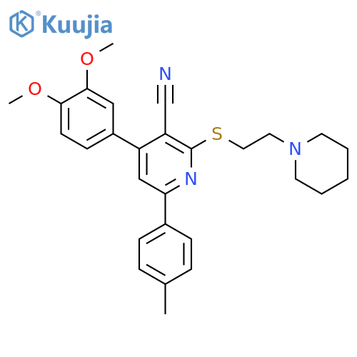 <br>4-(3,4-Dimethoxy-phenyl)-2-(2-piperidin-1-yl-ethylsulfanyl)-6-p-tolyl-nicot inonitrile structure