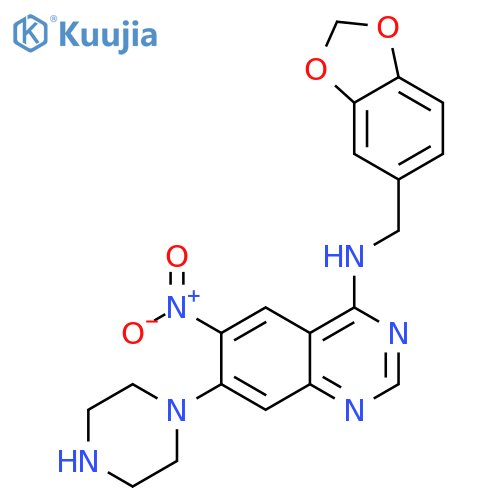 4-Quinazolinamine,N-(1,3-benzodioxol-5-ylmethyl)-6-nitro-7-(1-piperazinyl)- structure